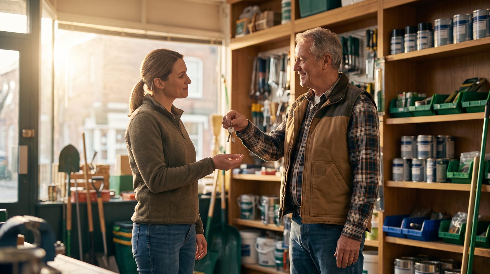 Father handing store keys to his daughter in their family business