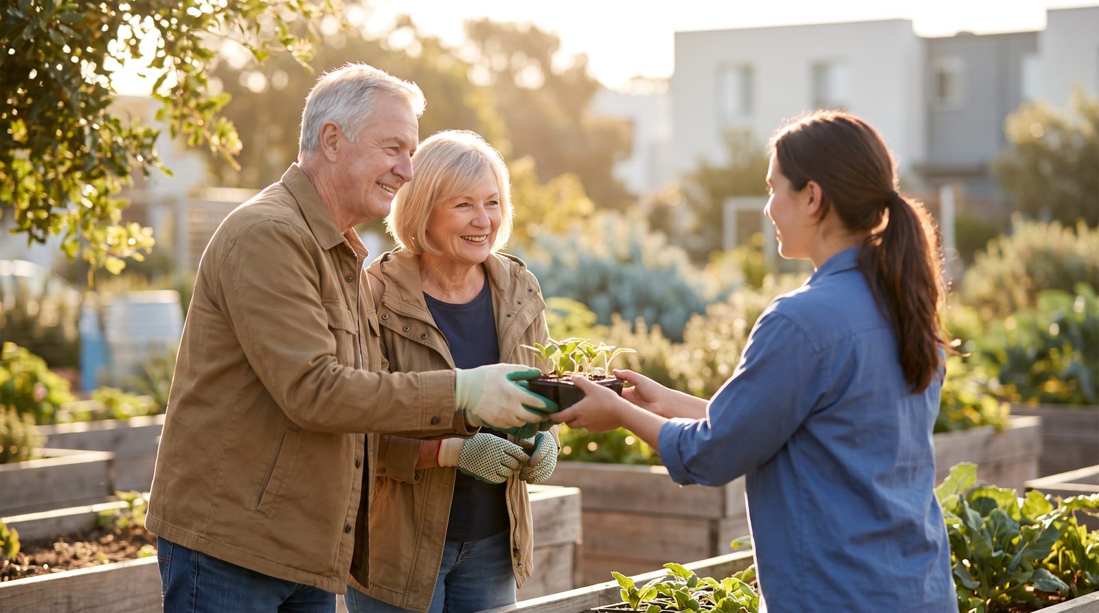 Couple volunteering together at a community garden