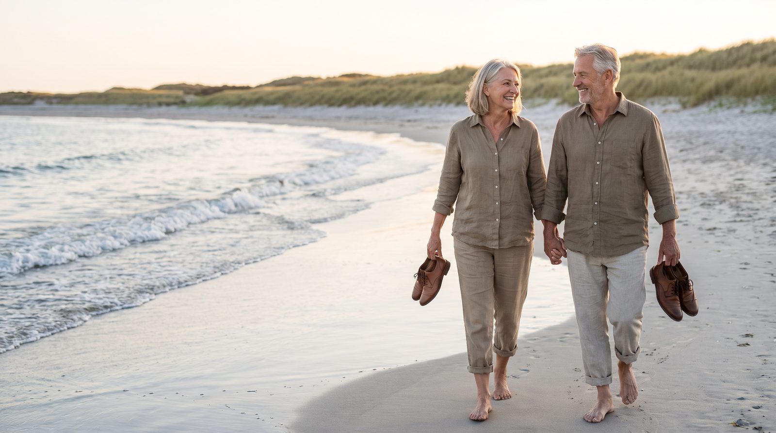 Retired couple walking along a beach at sunset