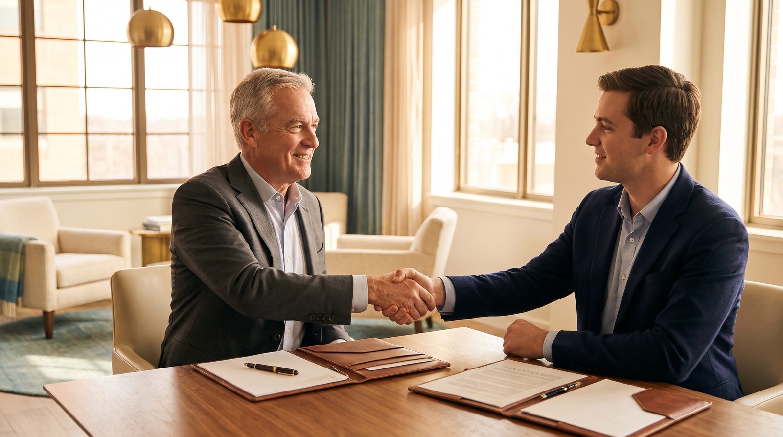 Business owner shaking hands with a buyer after signing a sale
