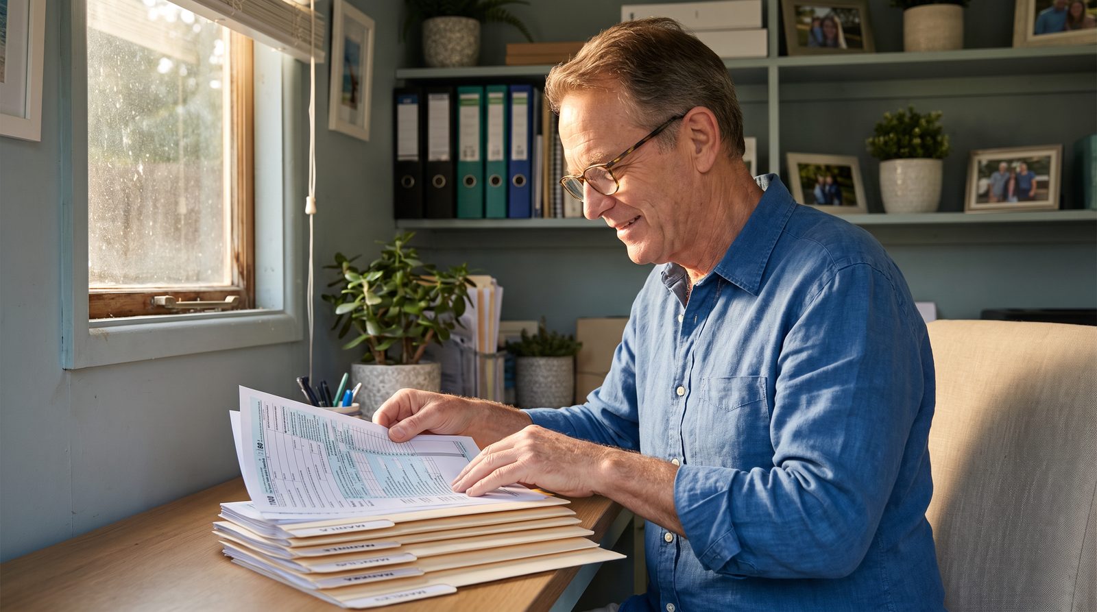 Retired man organizing tax documents into folders