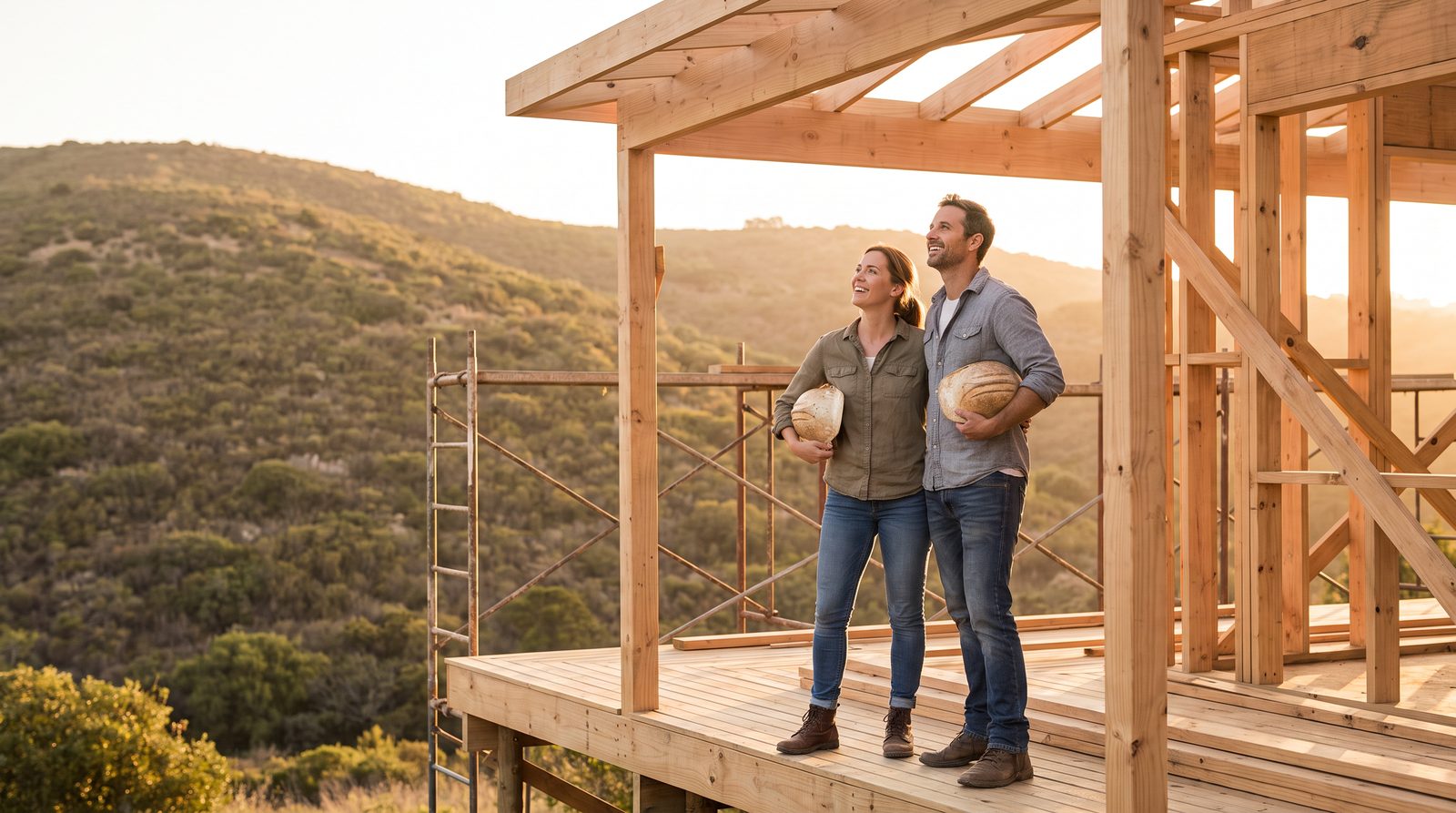 Couple standing at the framed porch of the home they are building