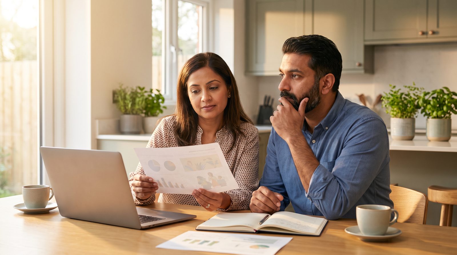 Couple weighing a life insurance illustration at their kitchen table
