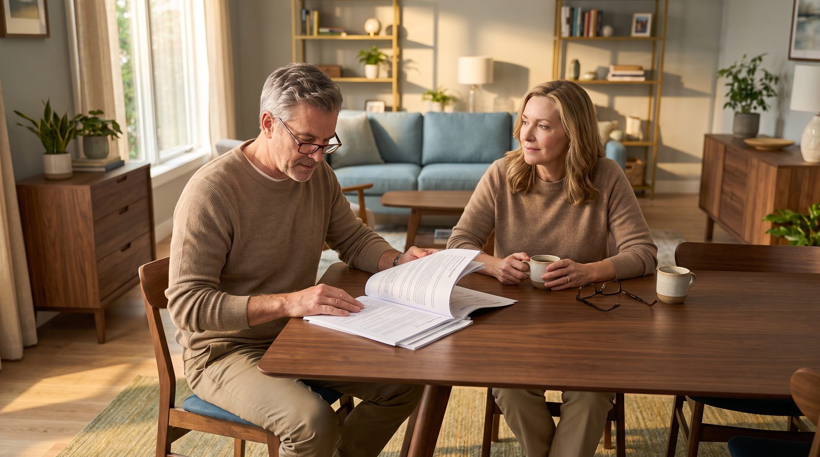 Couple reviewing an annual policy statement at their dining table