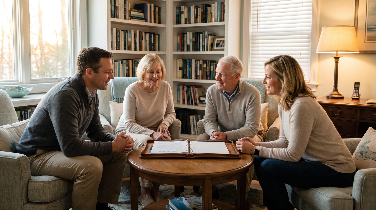 Family discussing an estate plan together in a study