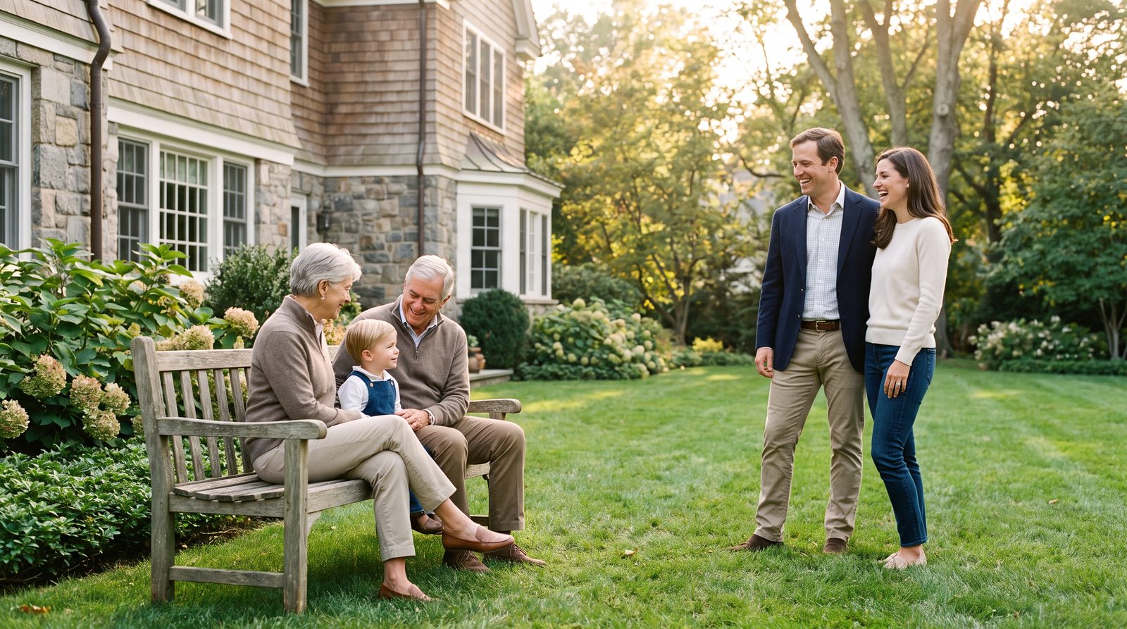 Three generations of a family together on their back lawn